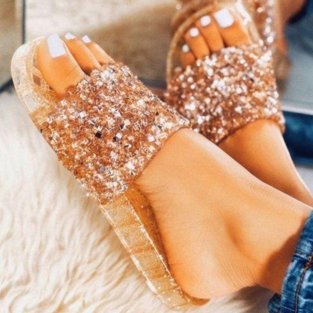 Embellished Sparkle Jelly Slides in Gold - Picture 6 of 7